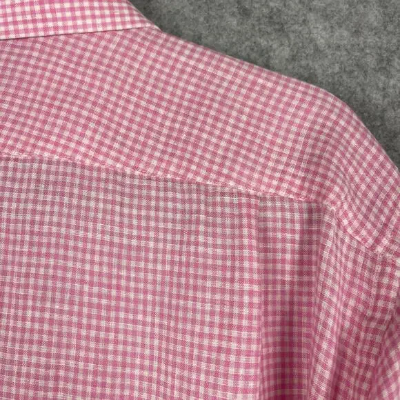 Peter Millar Linen Shirt Mens 16.5 Long Pink Check Button Up Long Sleeve Classic - Picture 12 of 13